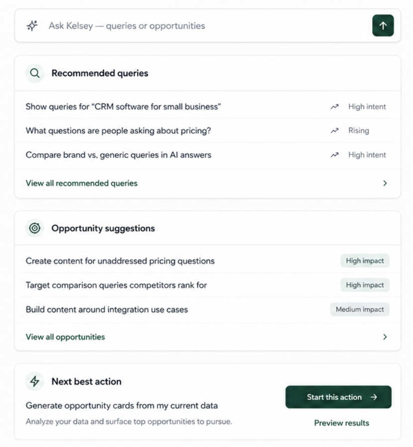 Ask Kelsey to add queries or generate opportunity cards from your AI visibility data