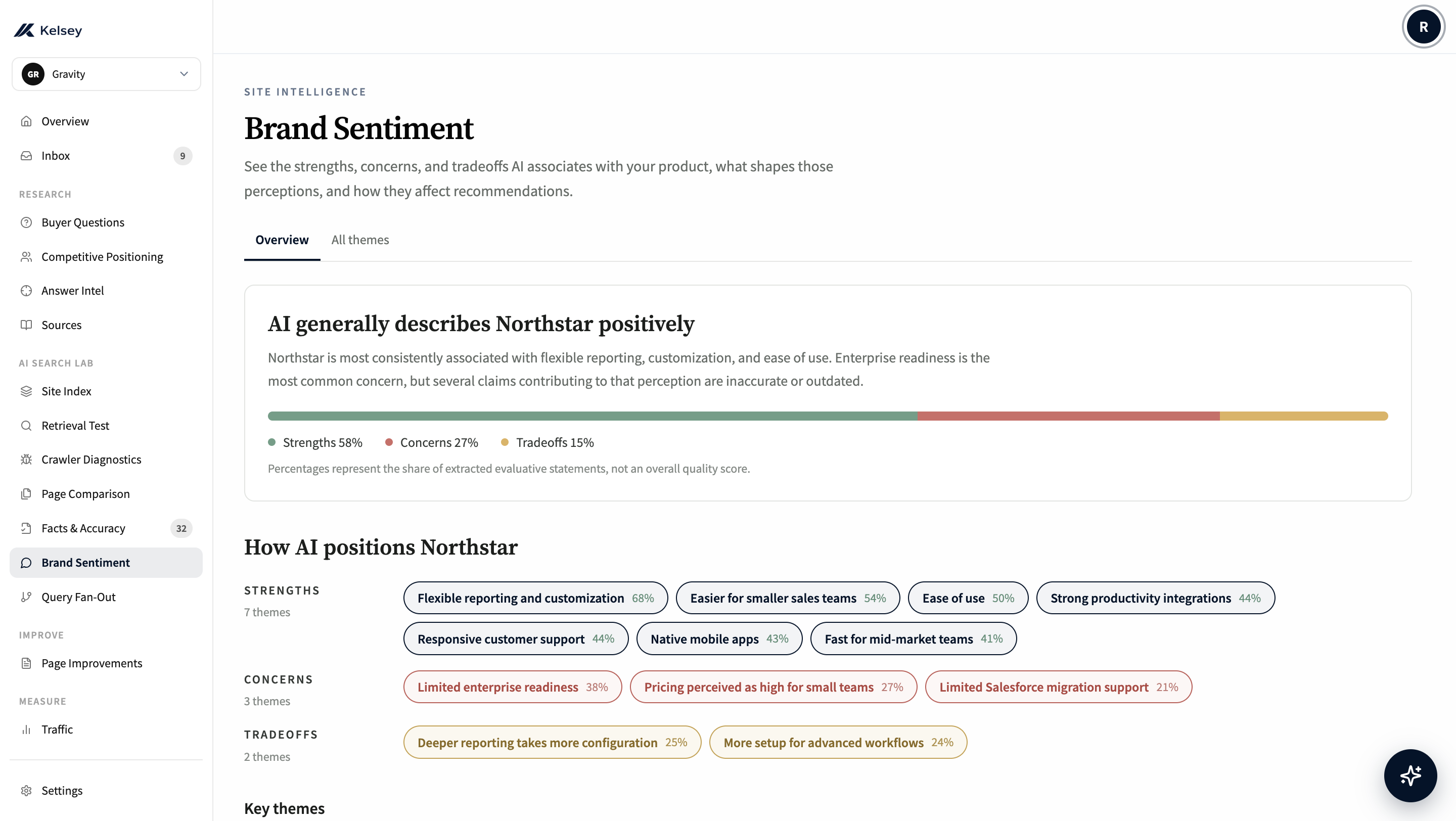 Kelsey Brand Sentiment showing strengths, concerns, and tradeoffs AI associates with a product