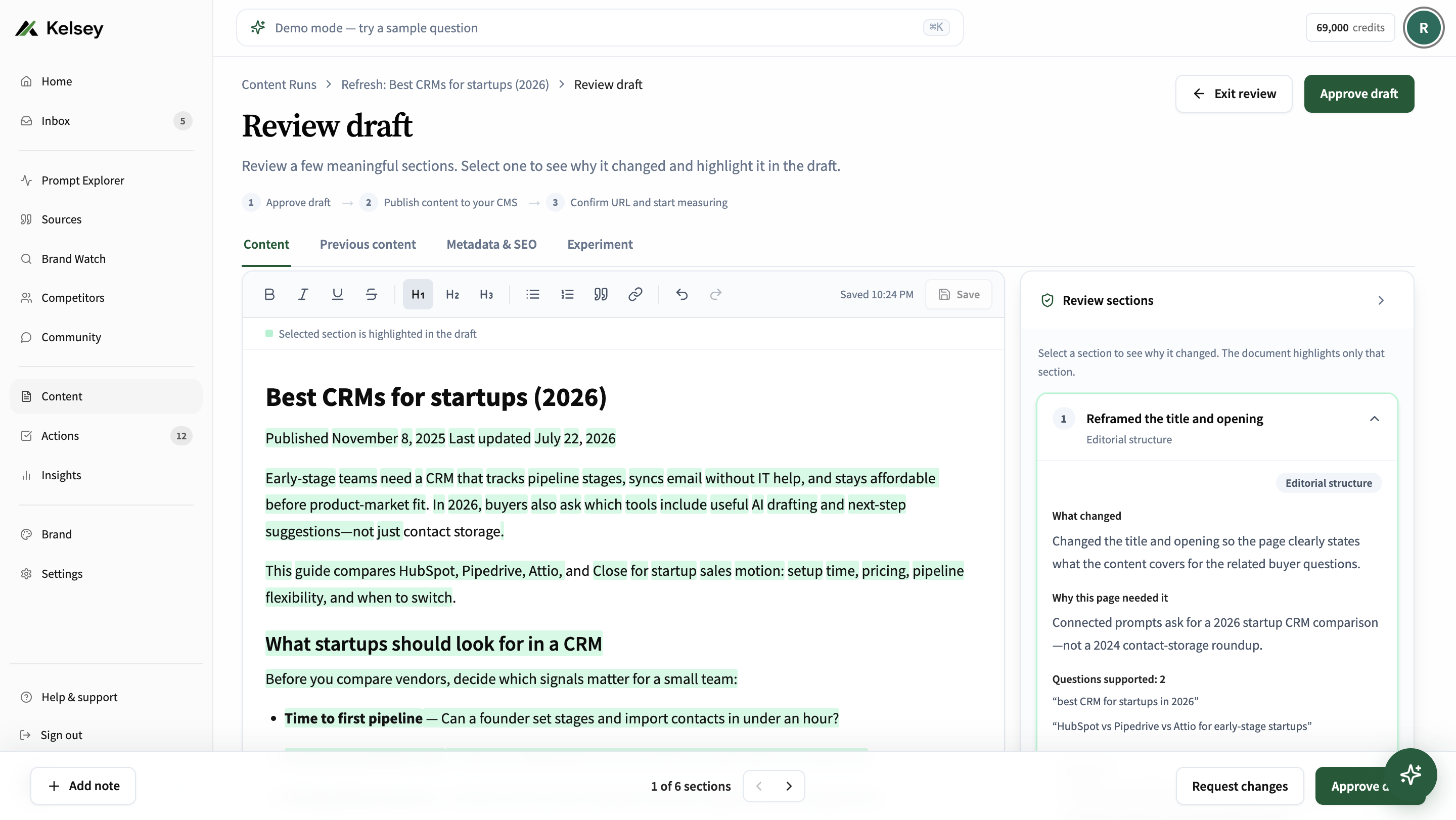 Kelsey Citation Experiments editor showing side-by-side draft review with evidence attached