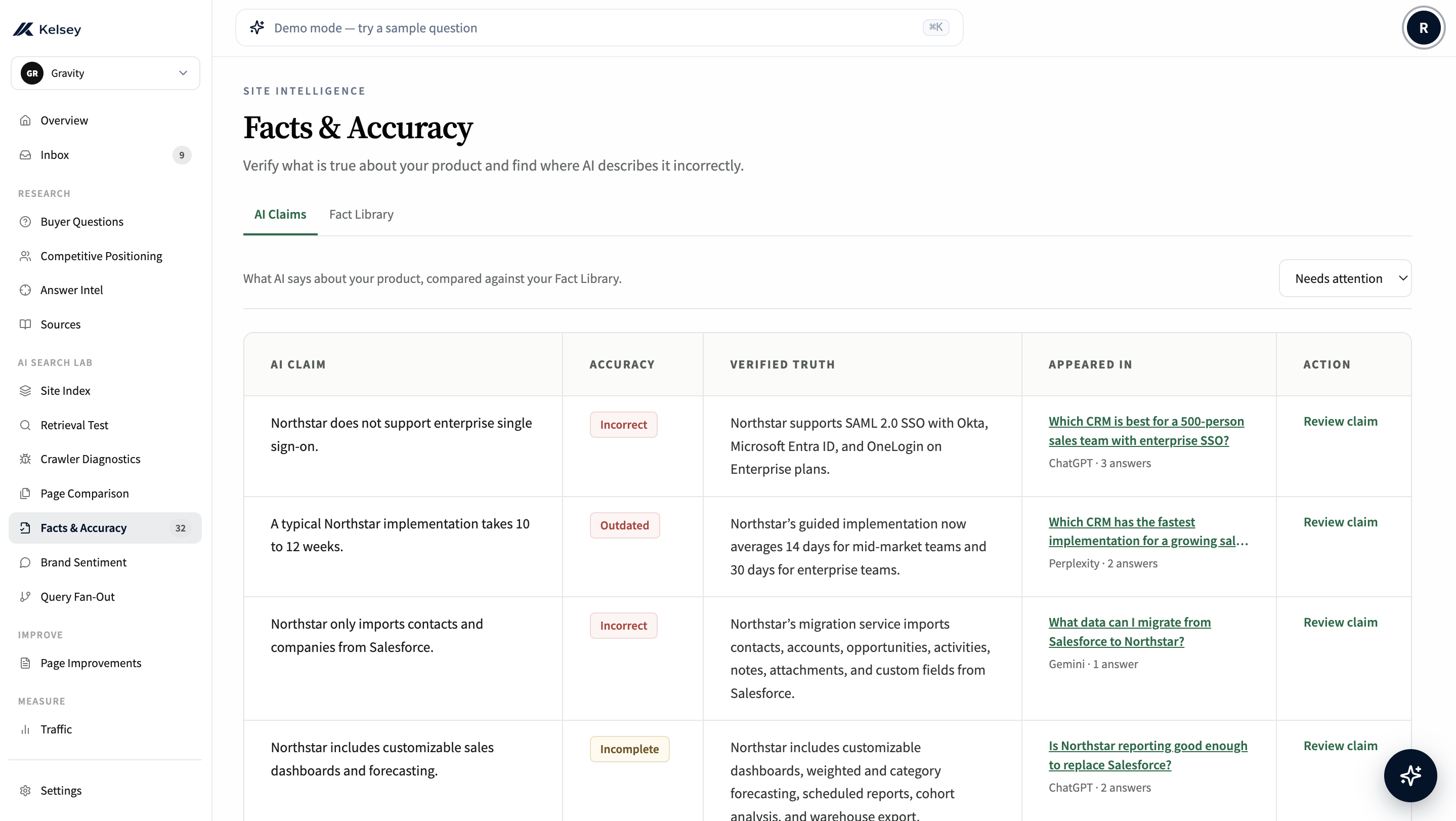 Kelsey Claim Accuracy showing extracted product claims, review statuses, and pages that need attention