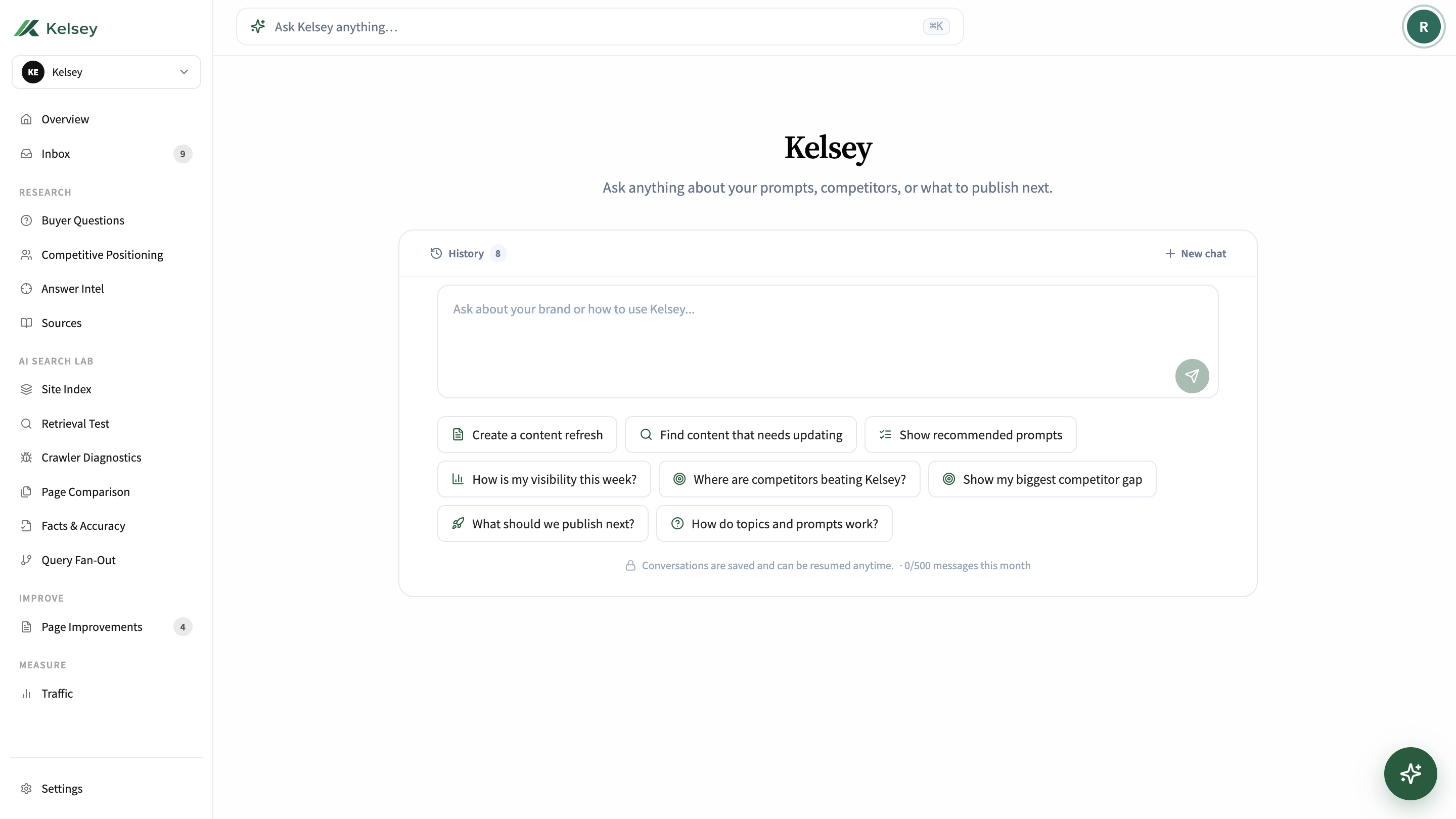 Kelsey agent: ask for queries, opportunities, and next actions from your AI search data