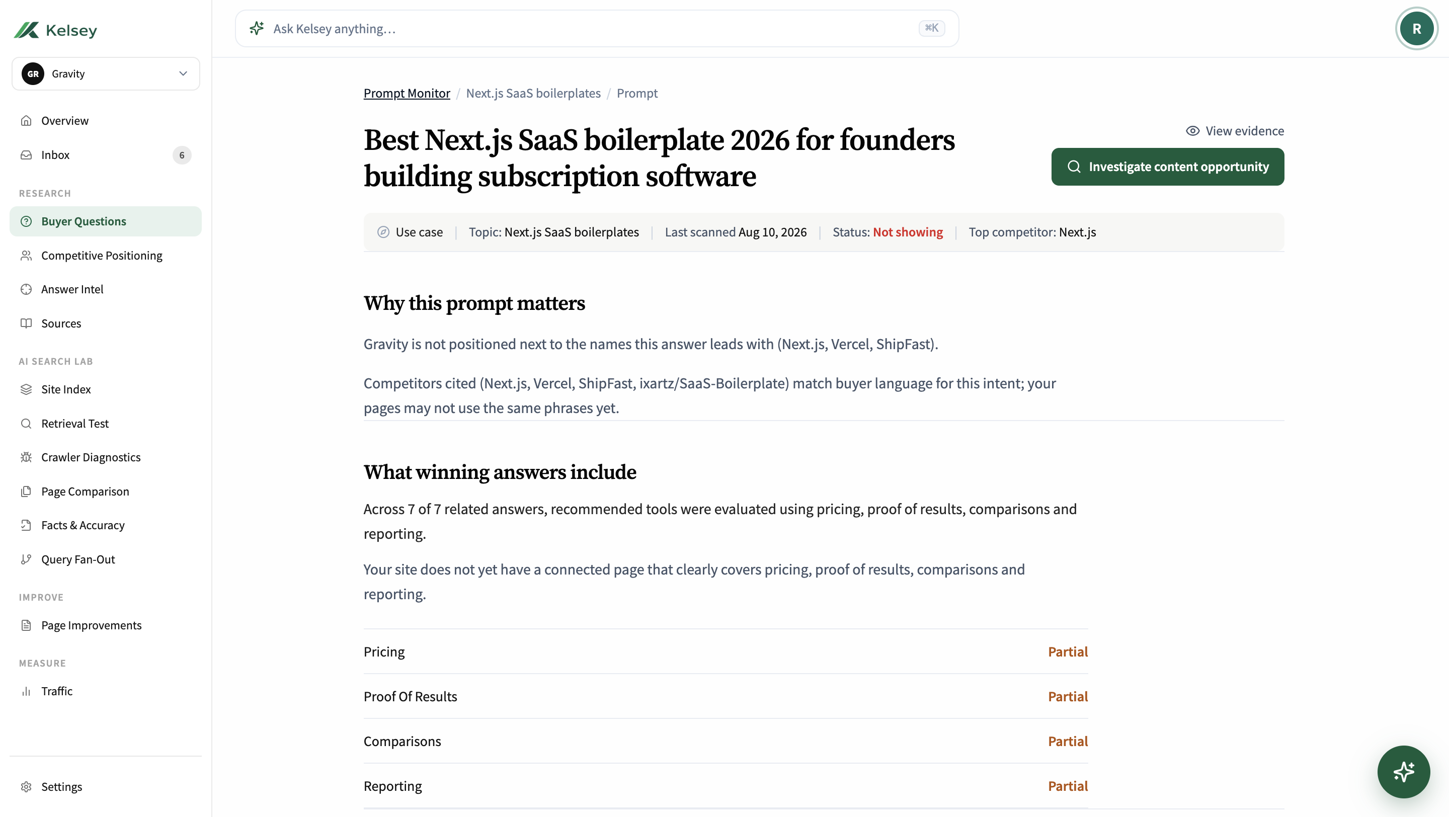 Kelsey individual query view: visibility, diagnosis, page brief, competitor analysis, and prioritized actions for one search