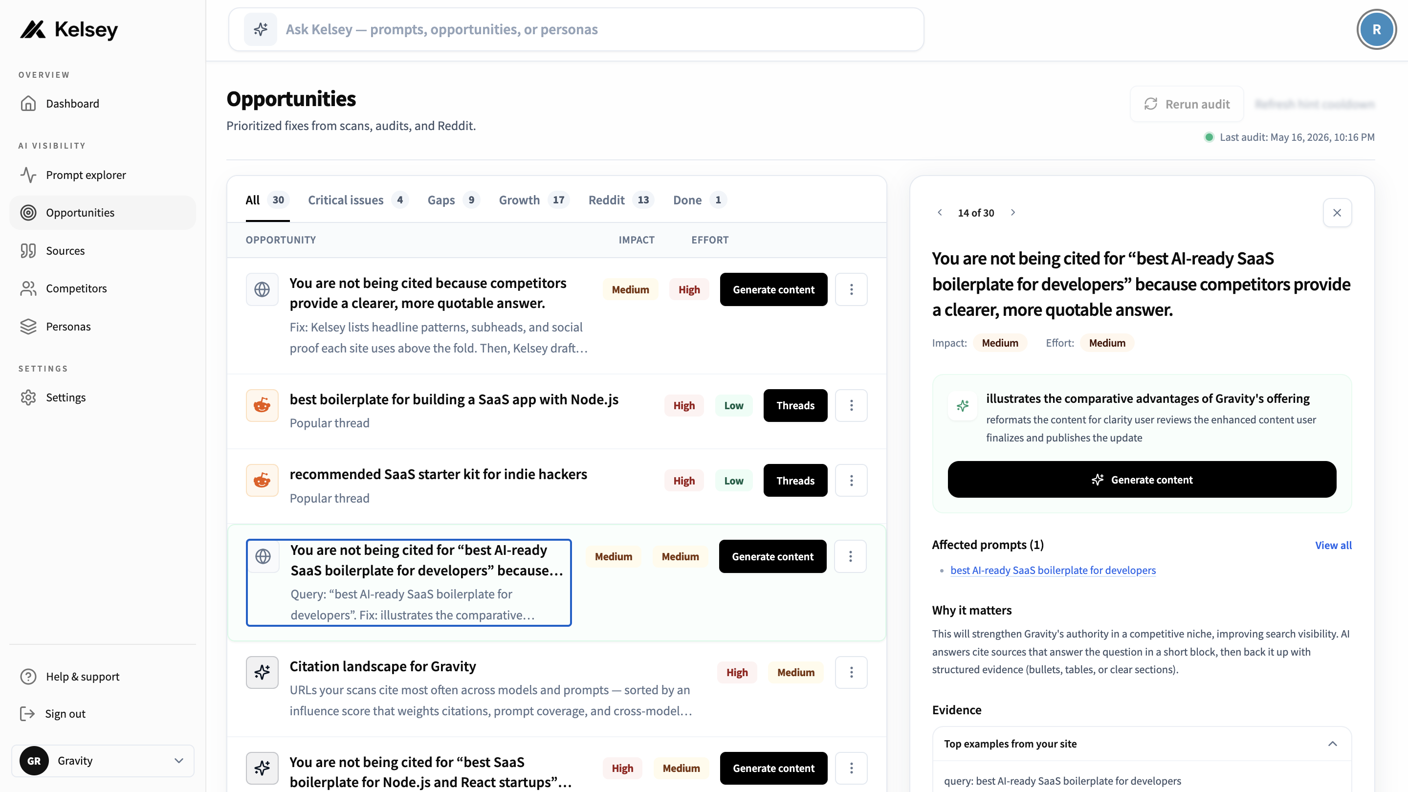 Kelsey opportunities page with prioritized actions to get recommended by AI