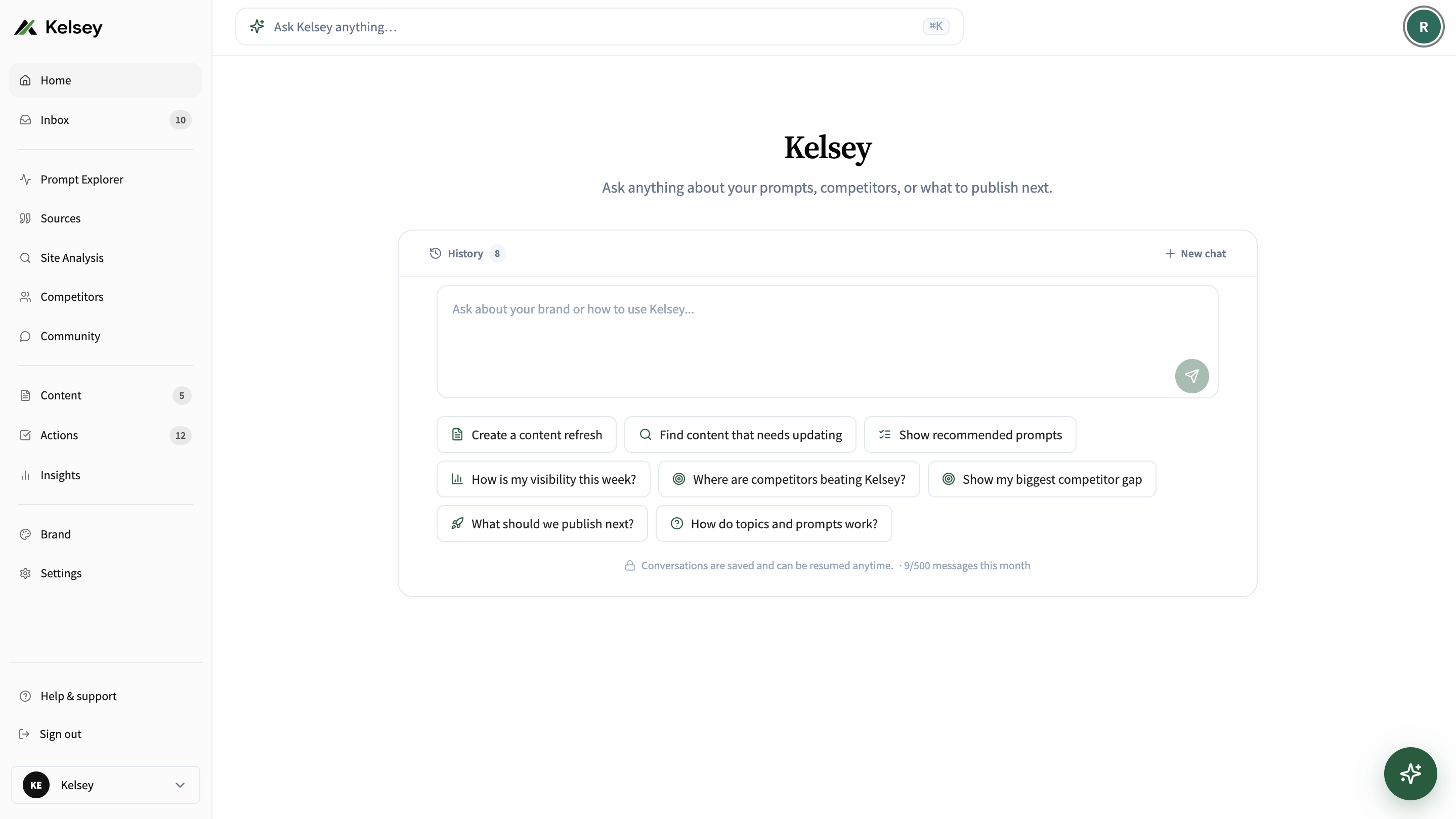 Kelsey agent: ask about prompts, competitors, visibility, and what to publish next