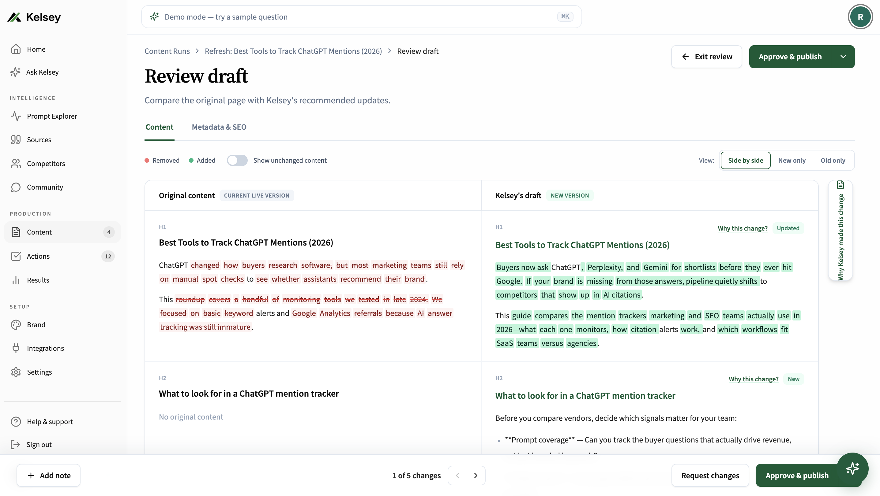 Kelsey Content that gets mentioned editor showing side-by-side draft review with evidence attached