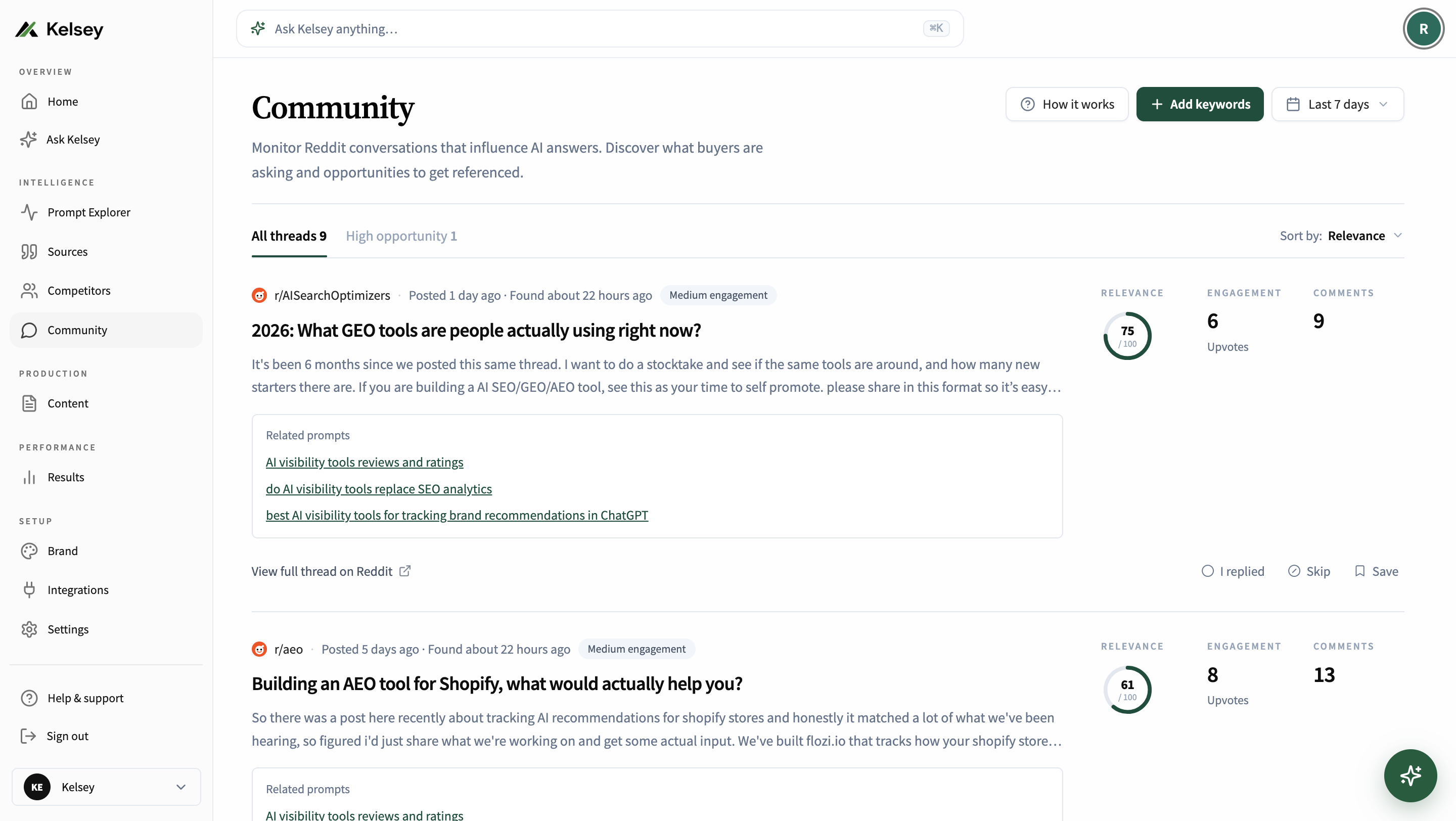Kelsey Reddit Opportunities feed showing scored threads and reply suggestions