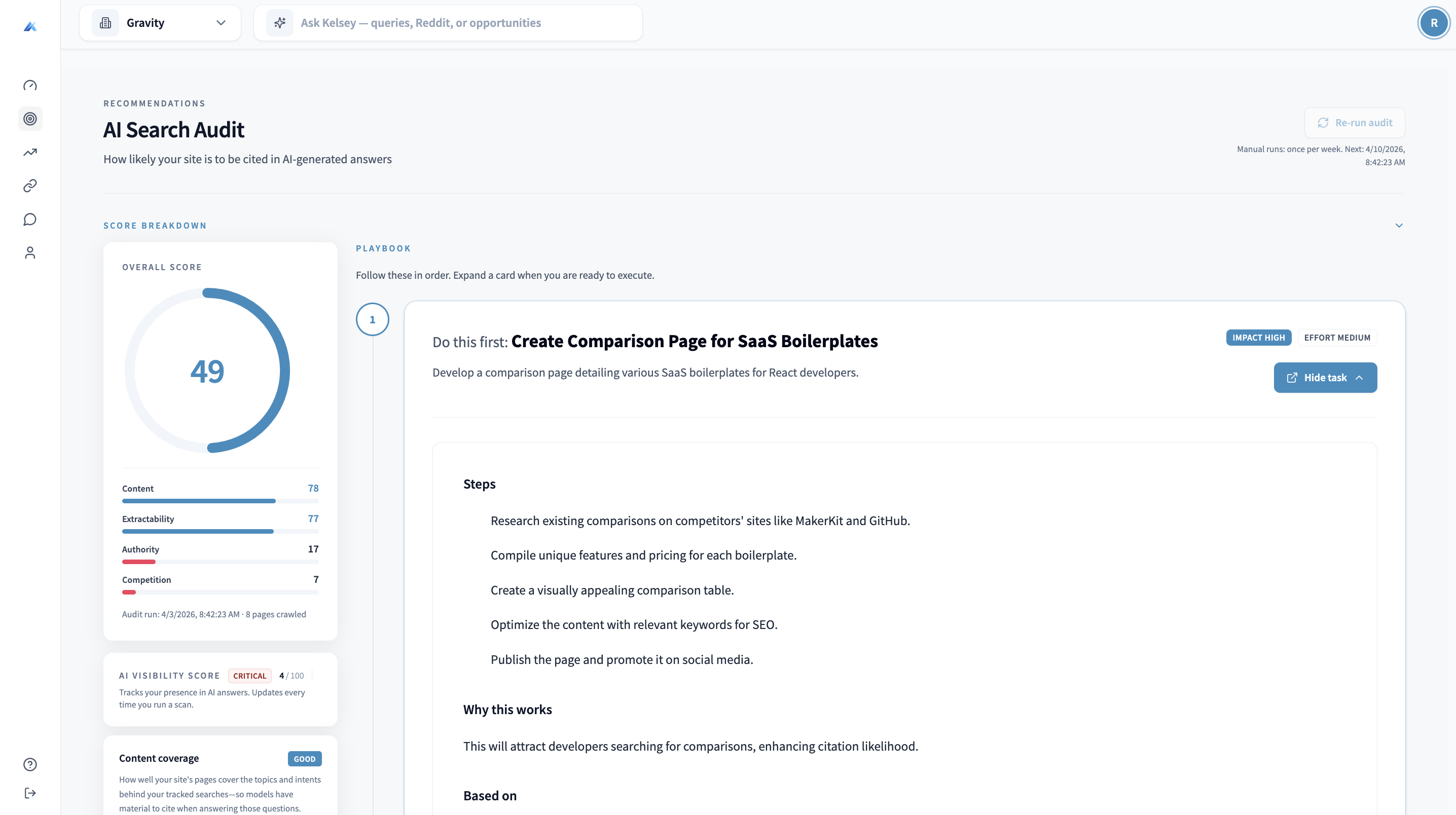 Kelsey opportunity card with competitor context and recommended actions